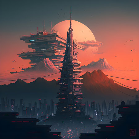 Fantasy landscape with planet and skyscrapers in the sky.AI Generatedの素材