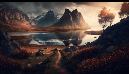 Fantasy landscape with lake and mountains. 3d render illustration.AI Generatedの素材