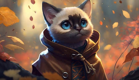 Cute cat with blue eyes in the autumn forest. 3d renderingの素材