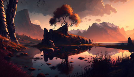Fantasy landscape with a lake, trees and mountains in the backgroundの素材