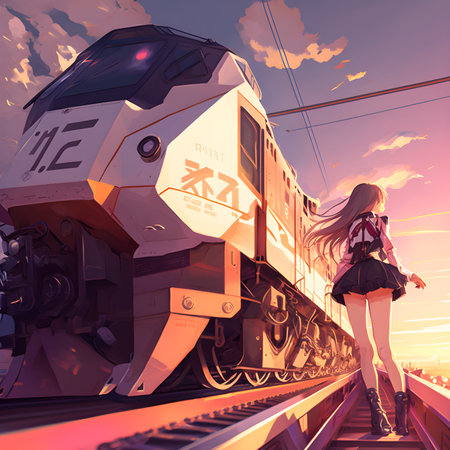 3d illustration of a girl on the platform of a freight trainの素材