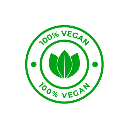 100% vegan icon vector illustration, vegan food symbol with green leaves, seal, stamp, tag, label, for medical and health packaging designのイラスト素材