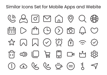 similar icons set for user interface, mobile and apps icons set with basic outline black and whiteのイラスト素材