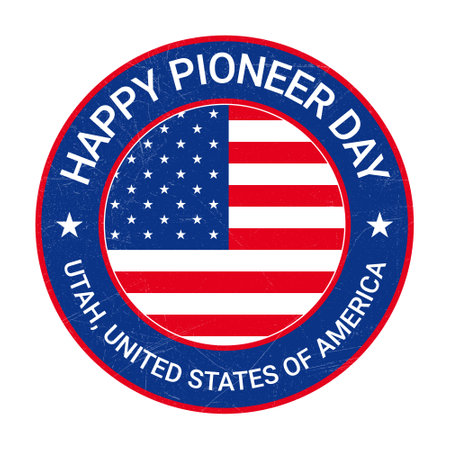 Happy Pioneer Day Badge, Emblem, Seal, Stamp, Rubber, T shirt, Sticker, Label Design With USA National Flag and Grunge Texture, Retro Vintage Style Vector Illustrationのイラスト素材
