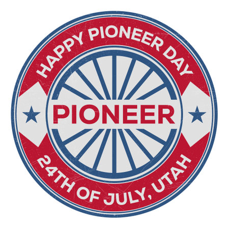 Happy Pioneer Day Badge, Emblem, Seal, Stamp, Rubber, T shirt, Sticker, Label Design With USA National Flag and Grunge Texture, Retro Vintage Style Vector Illustrationのイラスト素材