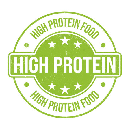 Rich Source Of Dietary Fiber, High Protein Food, High Protein Diet Emblem, Badge, Seal, Stamp, Rubber, Sticker, Logo, Label, Packaging Design, Patch Vector Illustrationのイラスト素材
