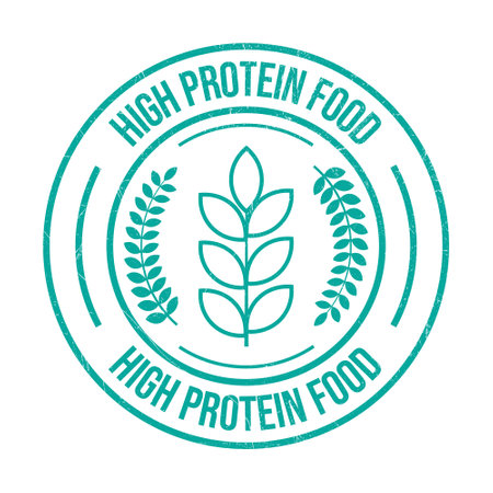 Rich Source Of Dietary Fiber, High Protein Food, High Protein Diet Emblem, Badge, Seal, Stamp, Rubber, Sticker, Logo, Label, Packaging Design, Patch Vector Illustrationのイラスト素材