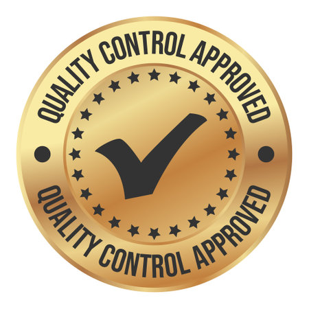 Quality Control Approved Stamp, Badge, Icon, Seal, Emblem, Quality Assurance Label, Quality Concept, Service, Controller, Patch, Rubber, Product, Sticker, Vector Illustration With Glossy Styleのイラスト素材