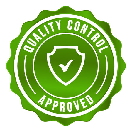 Quality Control Approved Stamp, Badge, Icon, Seal, Emblem, Quality Assurance Label, Quality Concept, Service, Controller, Patch, Rubber, Product, Sticker, Vector Illustration With Glossy Styleのイラスト素材