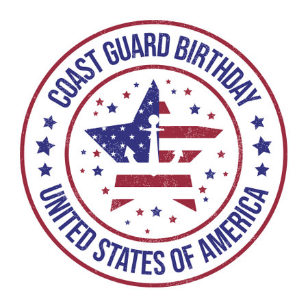 American Coast Guard Birthday Badge, Logo, Emblem, Banner, Card, Label, Seal, Vintage, Stamp, Star, Text, With Anchor Vector Illustration With Grunge Textureのイラスト素材