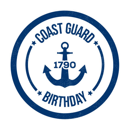 American Coast Guard Birthday Badge, Logo, Emblem, Banner, Card, Label, Seal, Vintage, Stamp, Star, Text, With Anchor Vector Illustration With Grunge Textureのイラスト素材