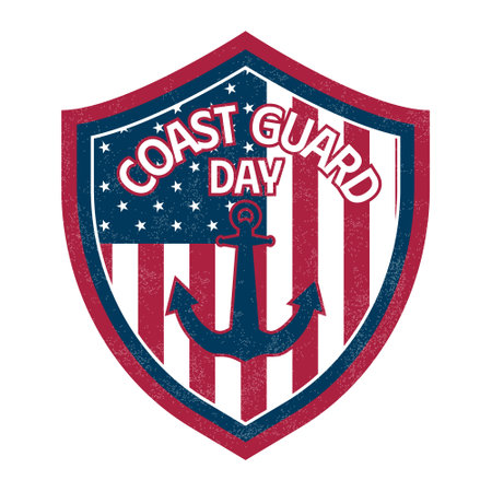American Coast Guard Birthday Badge, Logo, Emblem, Banner, Card, Label, Seal, Vintage, Stamp, Star, Text, With Anchor Vector Illustration With Grunge Textureのイラスト素材