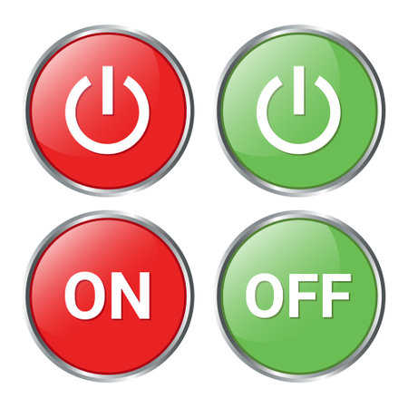 On Off Slider, Set Power On Off Switch Button, On and Off Slider, Shutdown Symbol, Slider On Off Push Button, 3D Realistic Glossy And Shiny Glowing Energy Icons Vector Illustrationのイラスト素材