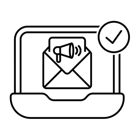 Email Marketing Vector, Viral Marketing Icon, Direct Marketing Sign With Megaphone, Email Outline Icon, And Checkmark On Laptop Outline Black Vector Illustrationのイラスト素材