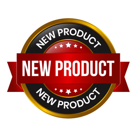 Glossy New Product Label, New Products Icon, New Product Banner, 3D Realistic Business Badge Design, Arrival Goods Rubber Stamp Isolated On White Backgroundの写真素材