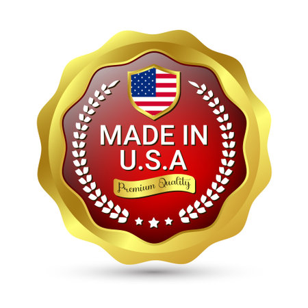 Glossy Made In USA Badge, Made In The United States,  Made In The USA emblem, American Flag, Made In USA Seal, Made In USA vector, Icons, Original Product, Vector Illustration In 3D Realistic Moodのイラスト素材