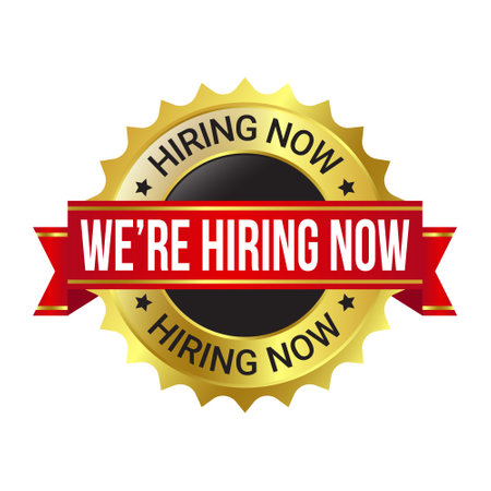 We Are Hiring Now Label, Badge, Rubber Stamp, Hiring Now Emblem, Now Hiring Vector Illustration, Glossy 3D Realistic Badgeのイラスト素材