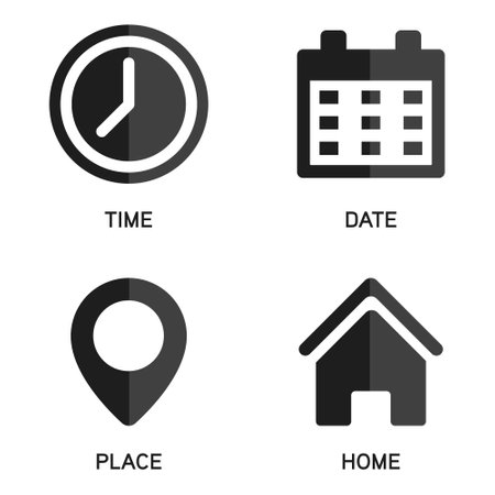 Time Clock Icon, Date Calendar, Place Pin Location Address, Home Button, Business Icon Set, Office Hour, Schedule, Reminder, Plan Design Elements, Event, User Interface Symbol Vector Illustrationのイラスト素材