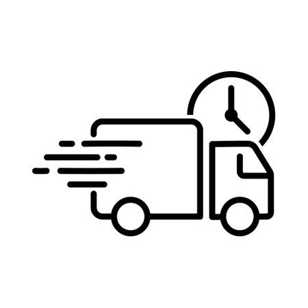 Fast Delivery Truck, Quick Delivery Transportation With Clock Symbol, Van Icon, Courier Service, Lorry, Vehicle Speedy Cargo, User Interface, Business And Finance, Shipment Vector Illustrationのイラスト素材