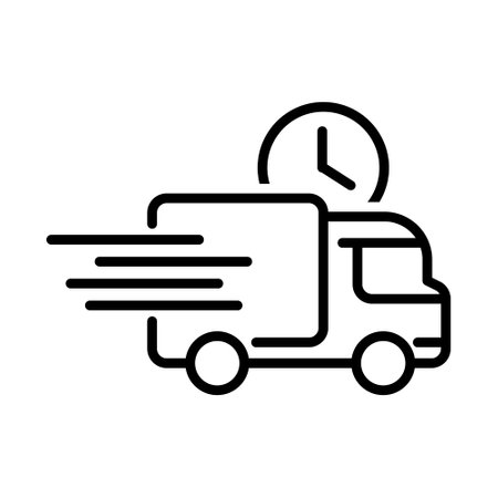 Fast Delivery Truck, Quick Delivery Transportation With Clock Symbol, Van Icon, Courier Service, Lorry, Vehicle Speedy Cargo, User Interface, Business And Finance, Shipment Vector Illustrationのイラスト素材