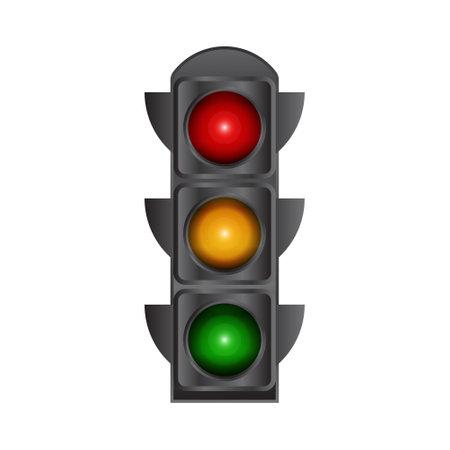 Realistic 3D Traffic Light Signal Sign With Three Main Signal Colors Red, Yellow And Green Vector Illustration, Traffic Light Flat Icon On Highway To Stop Vehicles Isolated On White Backgroundのイラスト素材