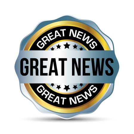 Great News Badge, Rubber Stamp, Banner, Tag, Emblem, Good News Label, Exciting News Banner In Flat Style With Glossy And Shiny Reflection On White Background, Design Element Vector Illustrationのイラスト素材