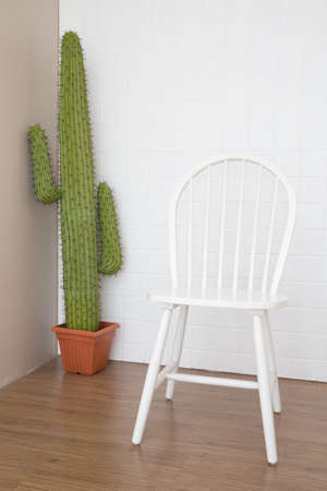 vintage white chairon wooden floorの写真素材