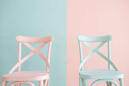 Vintage wooden chair Painted Two Tone on Two Tone backgroundの写真素材