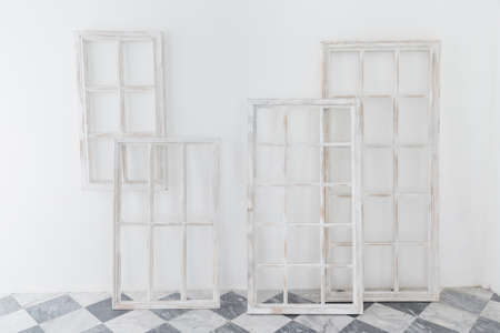 set of old wooden window frame on white background