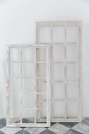 set of old wooden window frame on white background