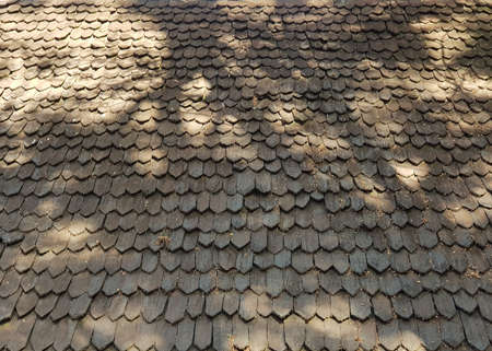Old wood textured tiled roof background with tree shadowの写真素材