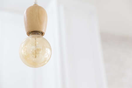 Vintage light bulb hanging on white background.の写真素材
