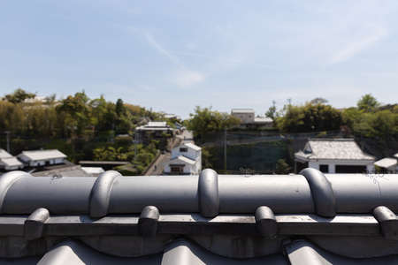 closeup of traditional tiles rooftop at historic Japan house with Japanese style.の写真素材