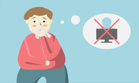 The fat man having a cold with handkerchief thinking to sick leave his workのイラスト素材