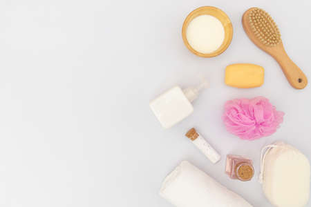 top view or flat lay of spa treatment hygiene objects with copy space isolated on white background