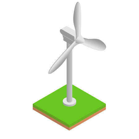 illustration of isometric wind turbine on green grass, modern alternative sustainability and eco-friendly energyの写真素材