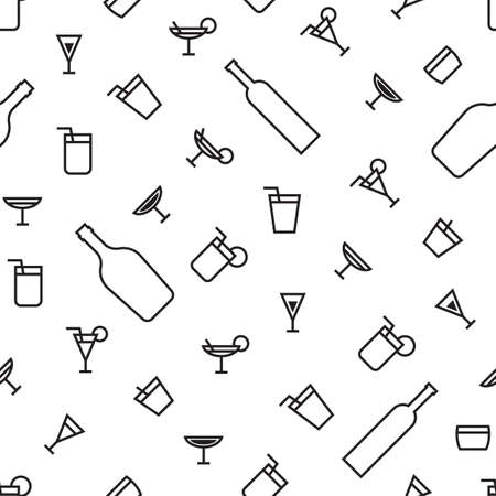 Seamless stylish pattern of monochrome minimalistic cocktail alcoholic drinking glass and bottle in flat style. ready to use for cloth, textile, wrap and other.のイラスト素材