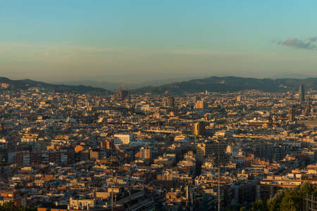 Panorama of Barcelona seen through the window of air tram to Montjuicの写真素材