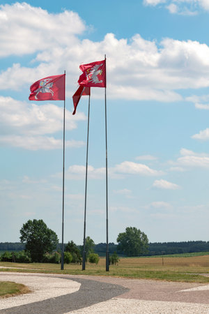 Flags flying over a battlefield symbolizing the win of Polish-Lithuanian forces against Teutonic Knights Orderの写真素材