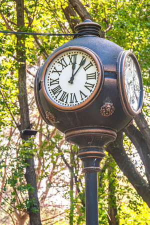 Large clock in the park with a signpost.の写真素材