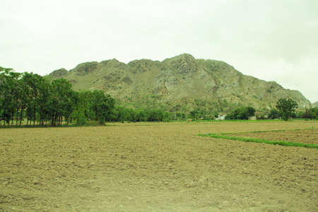 Landscape of a field with mountains in the backgroundの写真素材
