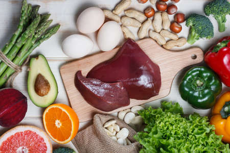 Natural sources of folic acid as liver, asparagus, broccoli, eggs, salad, avocado, paprika, nuts,...