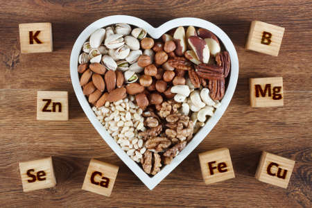 Microelements in different types of nuts. Healthy food concept