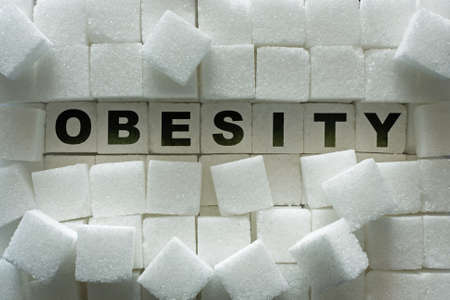 Sugar cubes and "obesity" inscriptionの写真素材