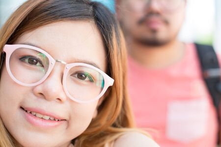 smile women travel and selfie with boyfriend are background
