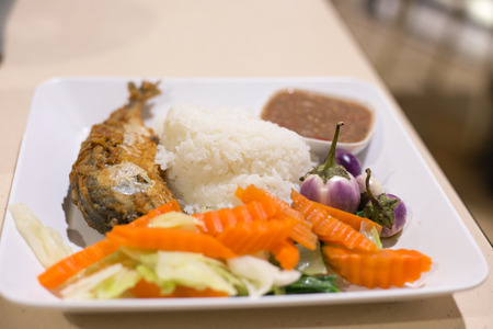 Fried mackerel and rice with shrimp paste sauceの写真素材