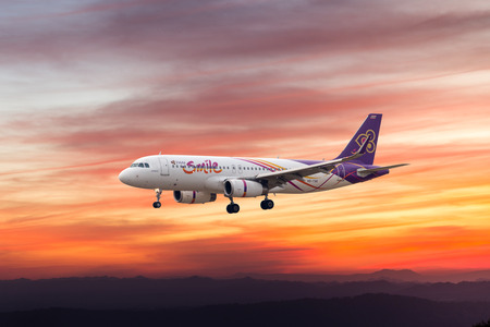 BANGKOK, THAILAND -18 FEB 2016 - Thai airway plane landing to runways at suvarnabhumi international air port on 18 FEB 2016 in Bangkok, Thailand.のeditorial素材