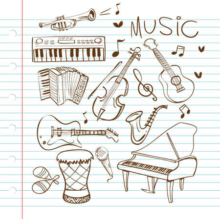 Vector illustration of musical instruments in black and white doodle sketchのイラスト素材