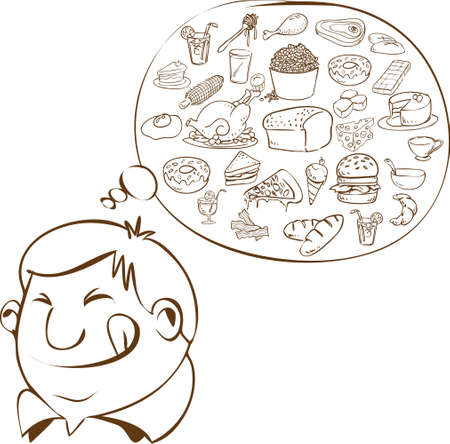 Vector illustration of a fat man dreaming for food in doodle styleのイラスト素材