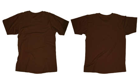 Wrinkled blank brown t-shirt template, front and back design isolated on whiteの写真素材